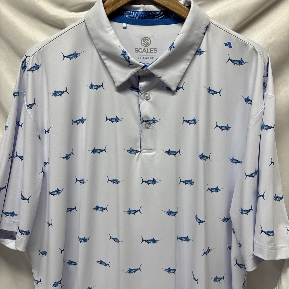 Scales Ocean Blue Marlin AOP 2XL Performance Golf Polo